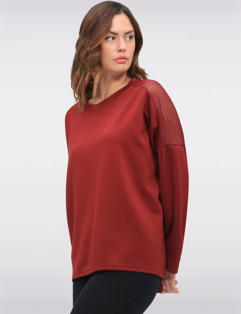 Loose Fit Long Sleeve Top with Round Neck & Mesh Trim Detail by Froccella