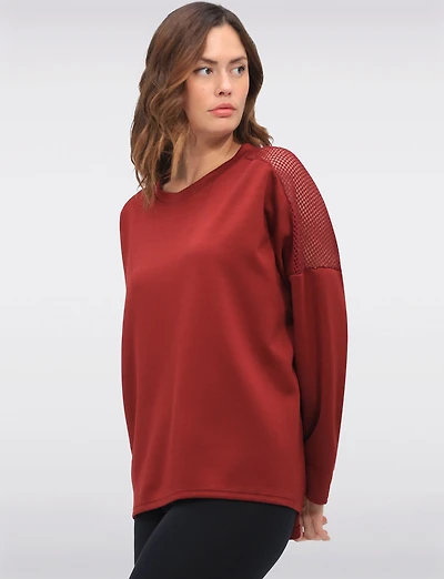 Loose Fit Long Sleeve Top with Round Neck & Mesh Trim Detail by Froccella