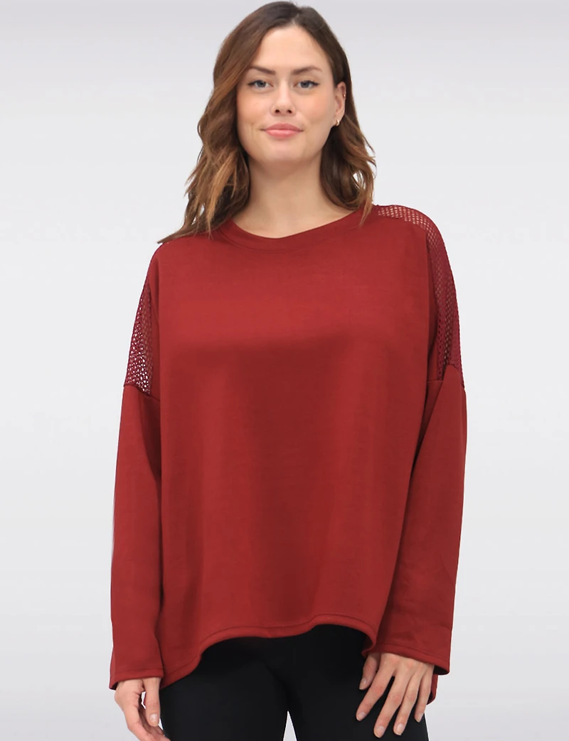Loose Fit Long Sleeve Top with Round Neck & Mesh Trim Detail by Froccella