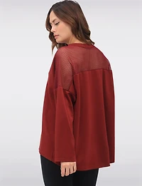 Loose Fit Long Sleeve Top with Round Neck & Mesh Trim Detail by Froccella