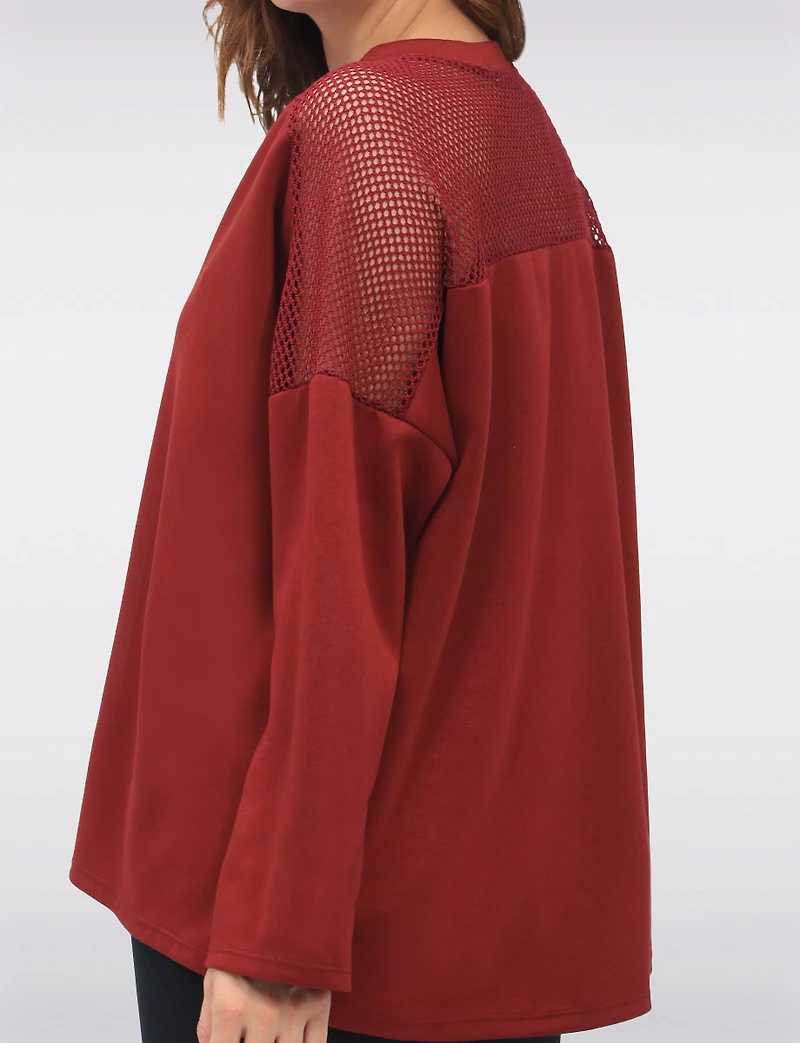 Loose Fit Long Sleeve Top with Round Neck & Mesh Trim Detail by Froccella