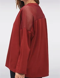 Loose Fit Long Sleeve Top with Round Neck & Mesh Trim Detail by Froccella