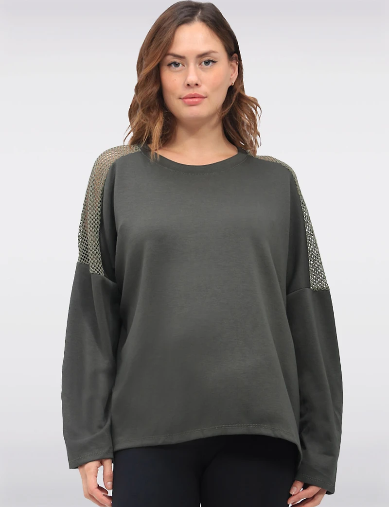 Loose Fit Long Sleeve Top with Round Neck & Mesh Trim Detail by Froccella