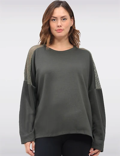 Loose Fit Long Sleeve Top with Round Neck & Mesh Trim Detail by Froccella
