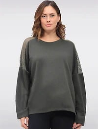 Loose Fit Long Sleeve Top with Round Neck & Mesh Trim Detail by Froccella