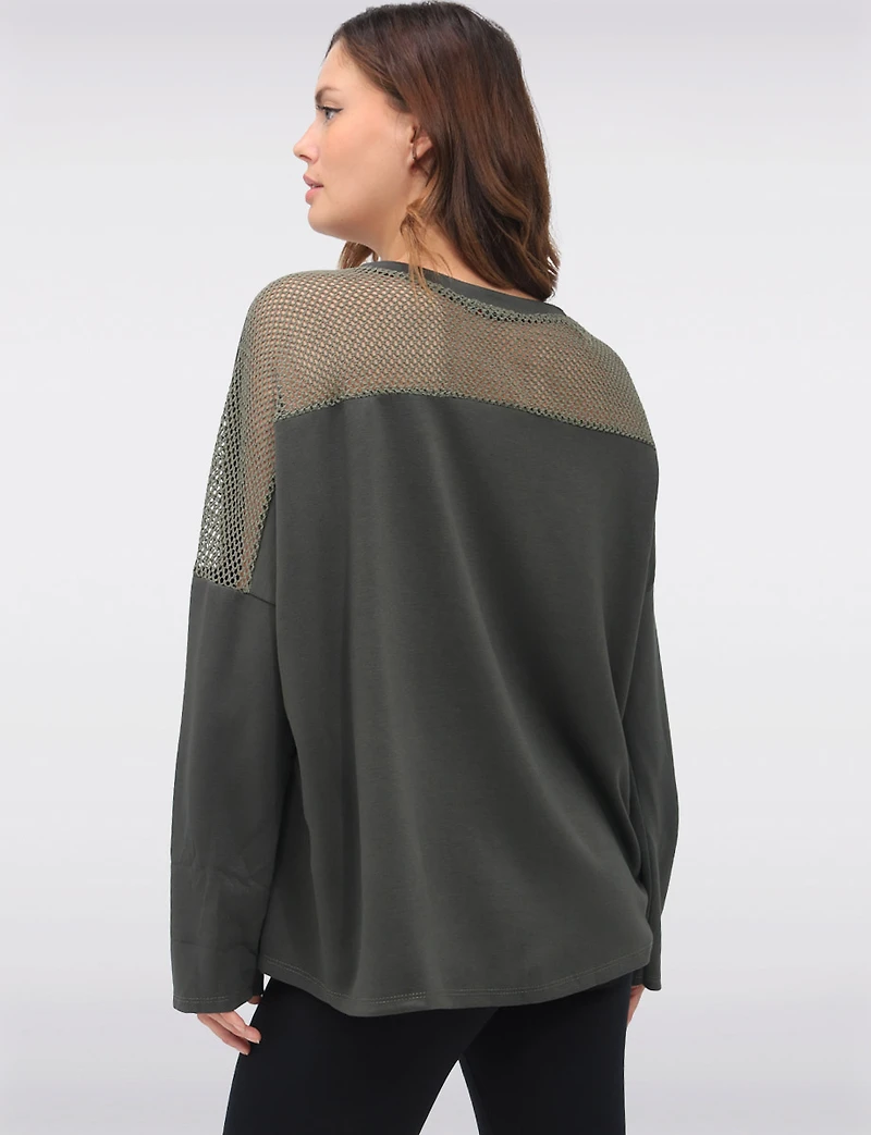 Loose Fit Long Sleeve Top with Round Neck & Mesh Trim Detail by Froccella