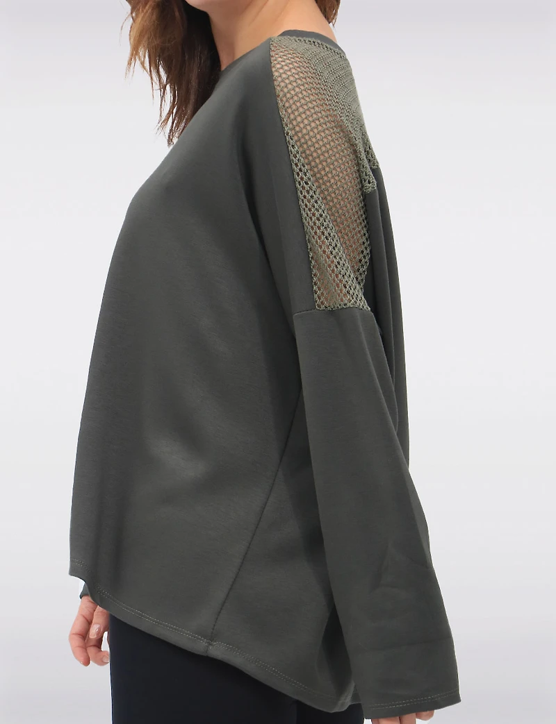 Loose Fit Long Sleeve Top with Round Neck & Mesh Trim Detail by Froccella