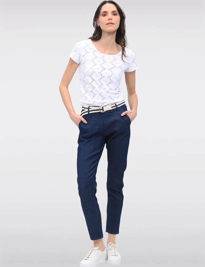 Slim-Fit Cotton Stretch Denim Pull-On Pants with Removable Belt by Froccella