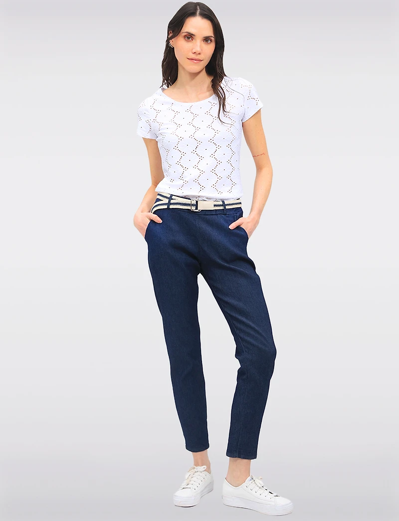 Slim-Fit Cotton Stretch Denim Pull-On Pants with Removable Belt by Froccella