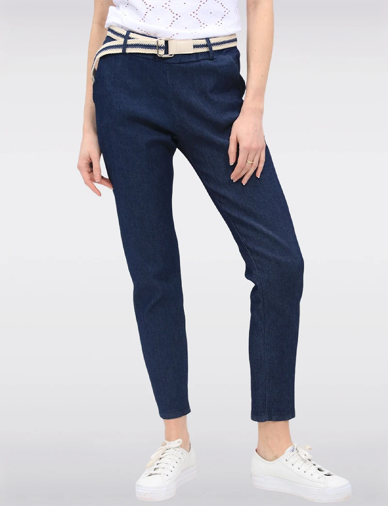 Slim-Fit Cotton Stretch Denim Pull-On Pants with Removable Belt by Froccella