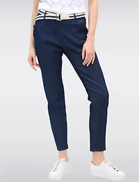 Slim-Fit Cotton Stretch Denim Pull-On Pants with Removable Belt by Froccella