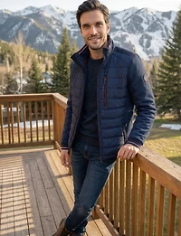 Men's Navy Lightweight Puffer Jacket With Quilted-Knit Rib Design by Point Zero