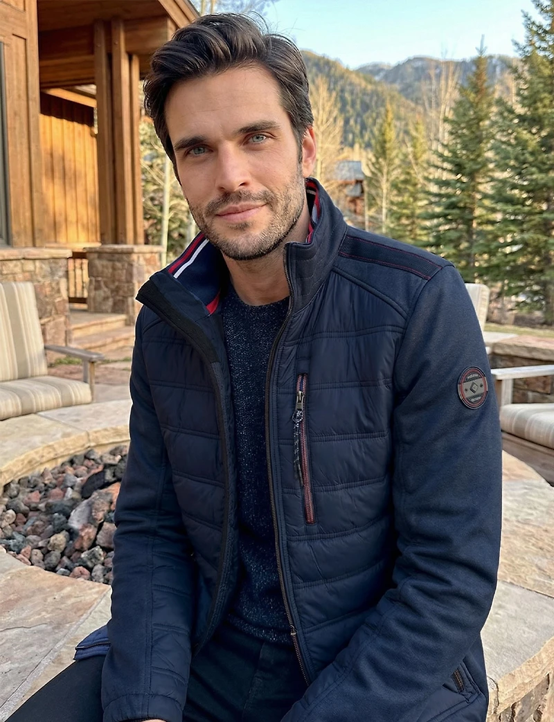 Men's Navy Lightweight Puffer Jacket With Quilted-Knit Rib Design by Point Zero
