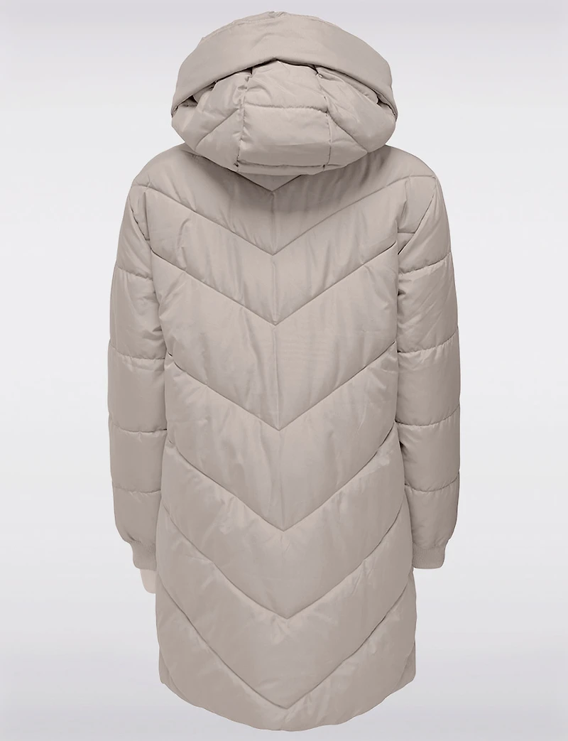 Trendy Chevron Quilted Puffer Jacket with Attached Hood and Drawstrings by JDY