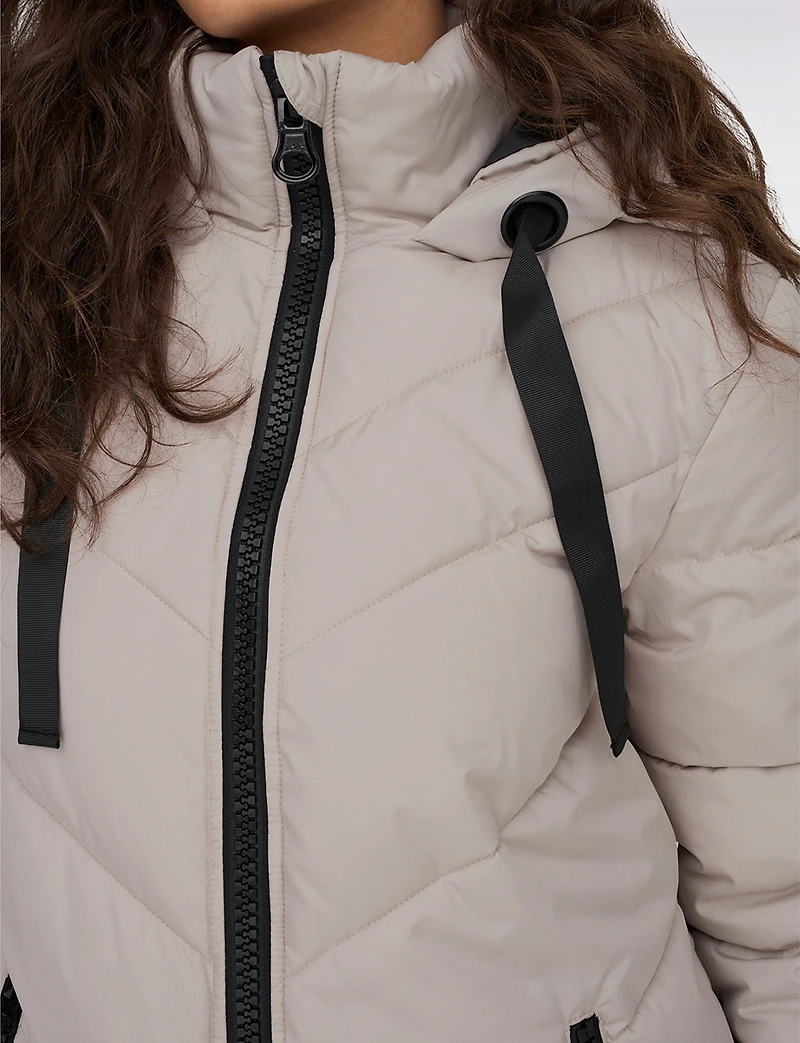 Trendy Chevron Quilted Puffer Jacket with Attached Hood and Drawstrings by JDY
