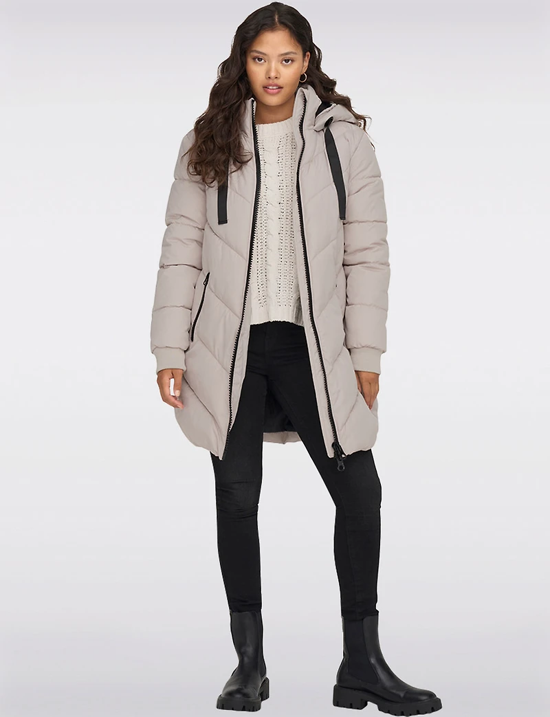 Trendy Chevron Quilted Puffer Jacket with Attached Hood and Drawstrings by JDY