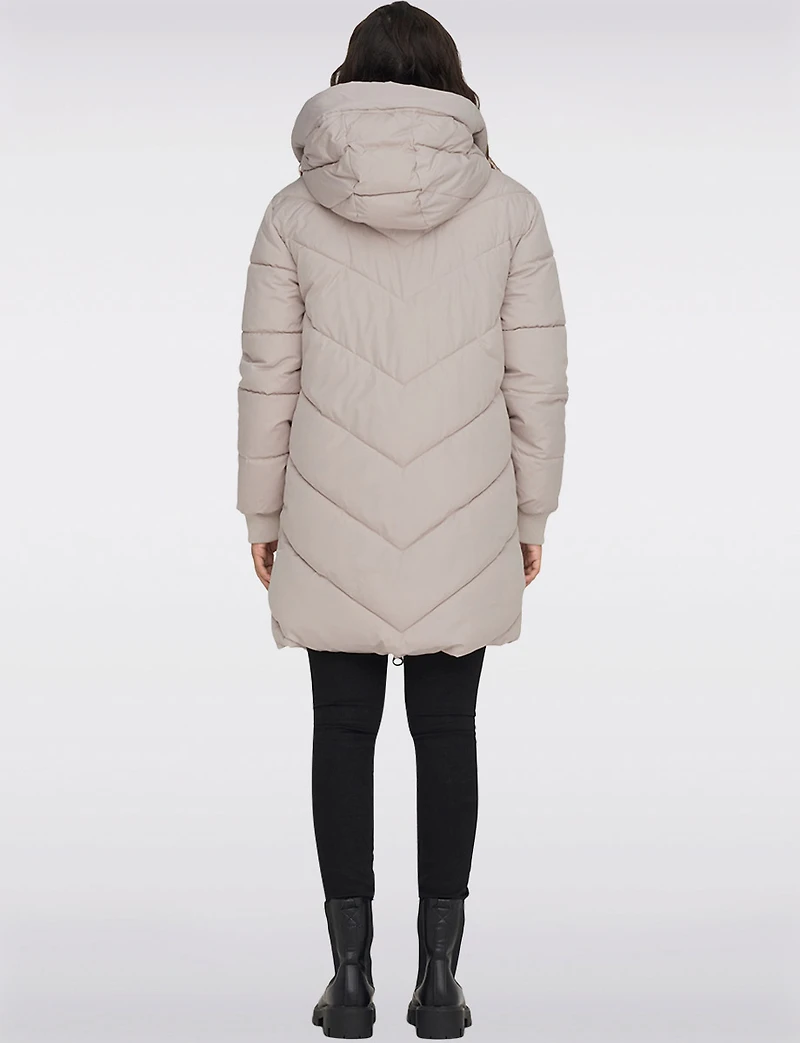 Trendy Chevron Quilted Puffer Jacket with Attached Hood and Drawstrings by JDY