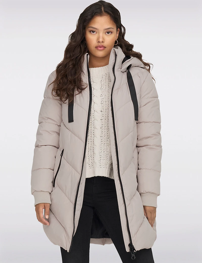 Trendy Chevron Quilted Puffer Jacket with Attached Hood and Drawstrings by JDY