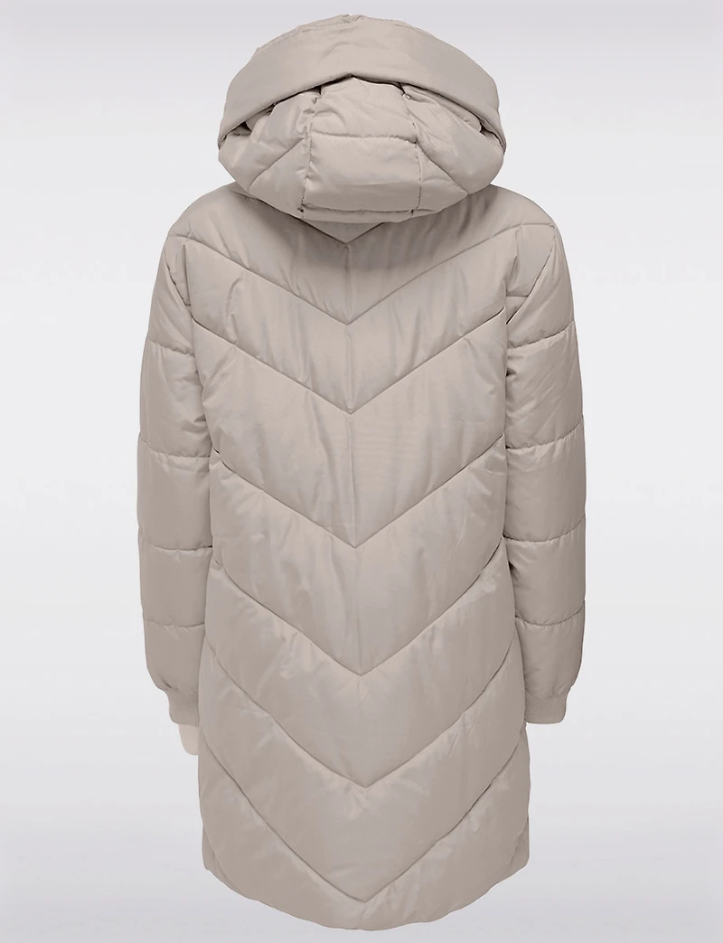 Trendy Chevron Quilted Puffer Jacket with Attached Hood and Drawstrings by JDY