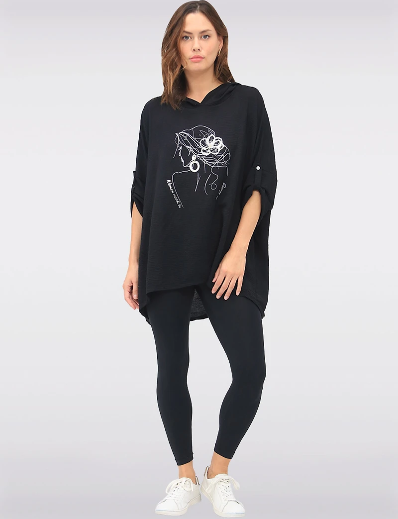Flowy Pull-On Hooded Top with Woman Print & Metallic Foil Details by Froccella