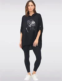 Flowy Pull-On Hooded Top with Woman Print & Metallic Foil Details by Froccella
