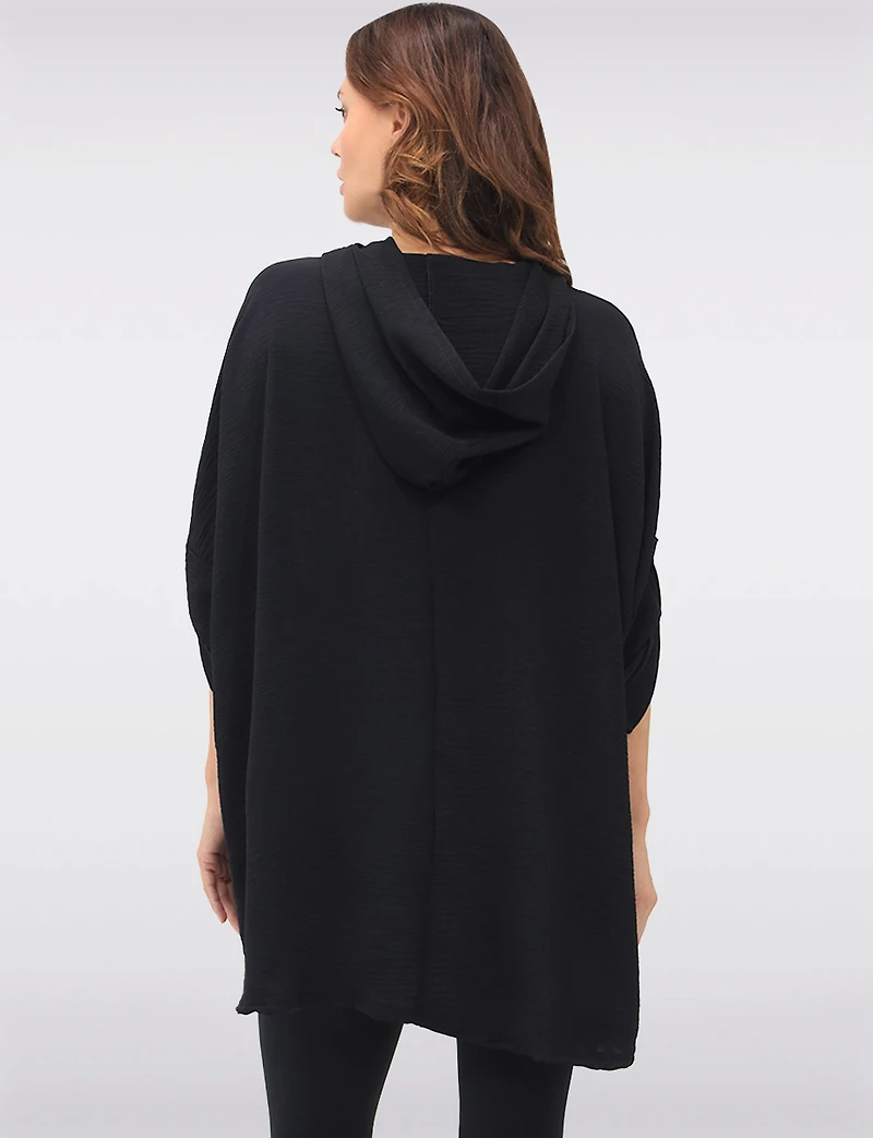 Flowy Pull-On Hooded Top with Woman Print & Metallic Foil Details by Froccella