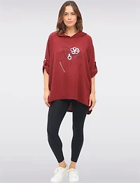 Flowy Pull-On Hooded Top with Woman Print & Metallic Foil Details by Froccella