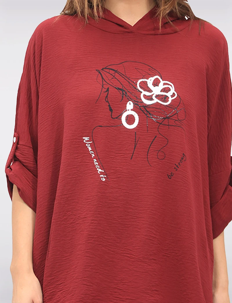 Flowy Pull-On Hooded Top with Woman Print & Metallic Foil Details by Froccella