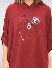 Flowy Pull-On Hooded Top with Woman Print & Metallic Foil Details by Froccella