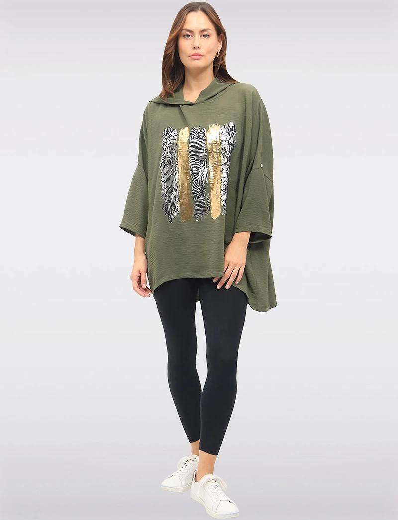Relaxed Fit 3/4 Sleeve Hooded High-Low Top with Foil Print Details by Froccella