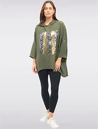 Relaxed Fit 3/4 Sleeve Hooded High-Low Top with Foil Print Details by Froccella