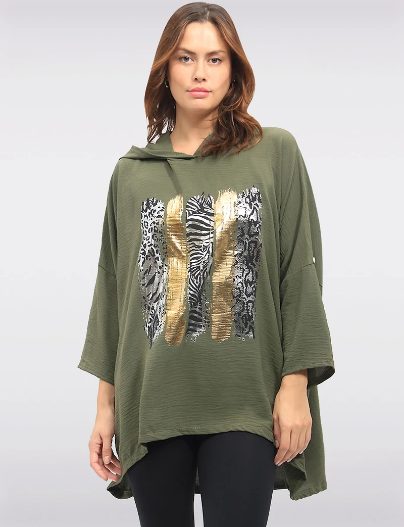 Relaxed Fit 3/4 Sleeve Hooded High-Low Top with Foil Print Details by Froccella