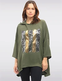 Relaxed Fit 3/4 Sleeve Hooded High-Low Top with Foil Print Details by Froccella