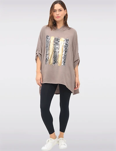 Relaxed Fit 3/4 Sleeve Hooded High-Low Top with Foil Print Details by Froccella