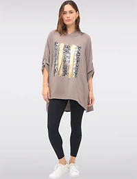 Relaxed Fit 3/4 Sleeve Hooded High-Low Top with Foil Print Details by Froccella