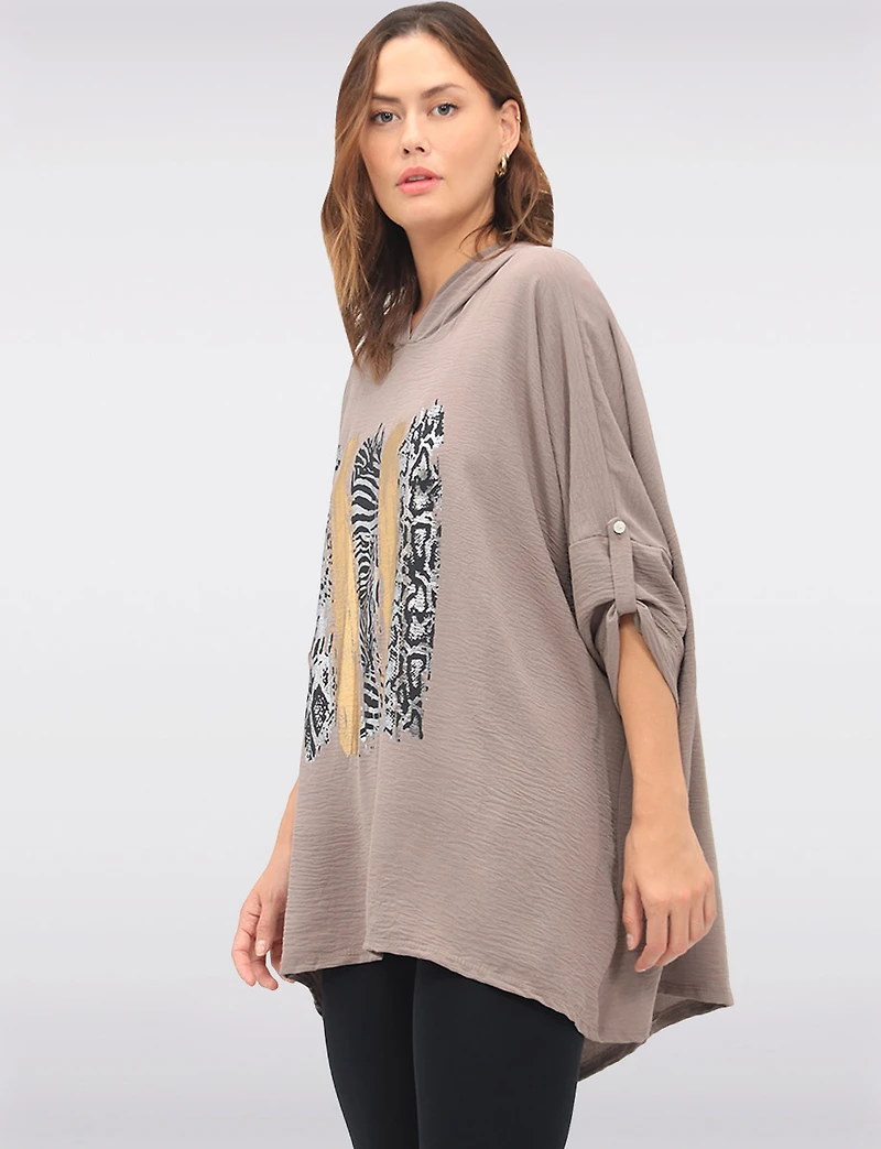 Relaxed Fit 3/4 Sleeve Hooded High-Low Top with Foil Print Details by Froccella