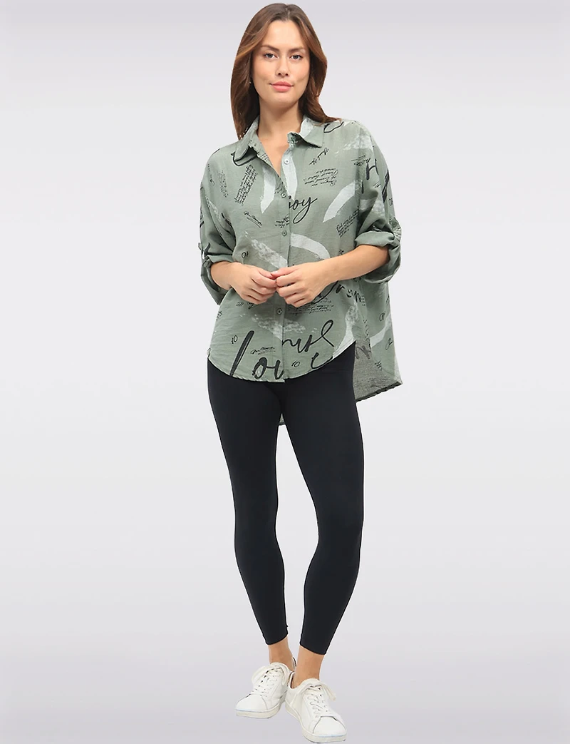 Button-Up High-Low Shirt with Abstract Script & Brushstroke Print by Froccella