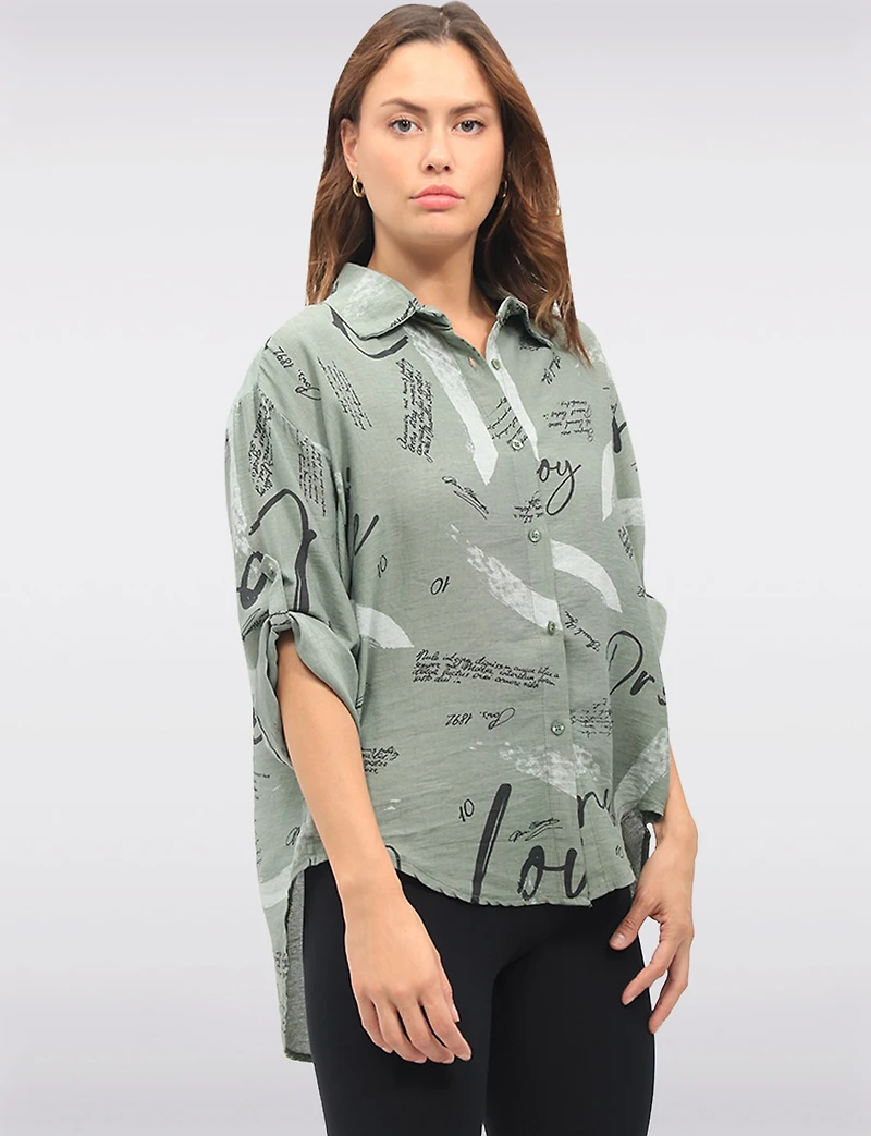 Button-Up High-Low Shirt with Abstract Script & Brushstroke Print by Froccella