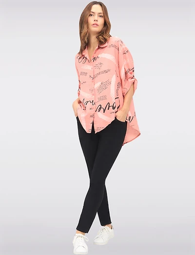 Button-Up High-Low Shirt with Abstract Script & Brushstroke Print by Froccella