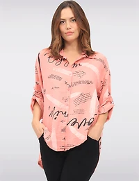 Button-Up High-Low Shirt with Abstract Script & Brushstroke Print by Froccella