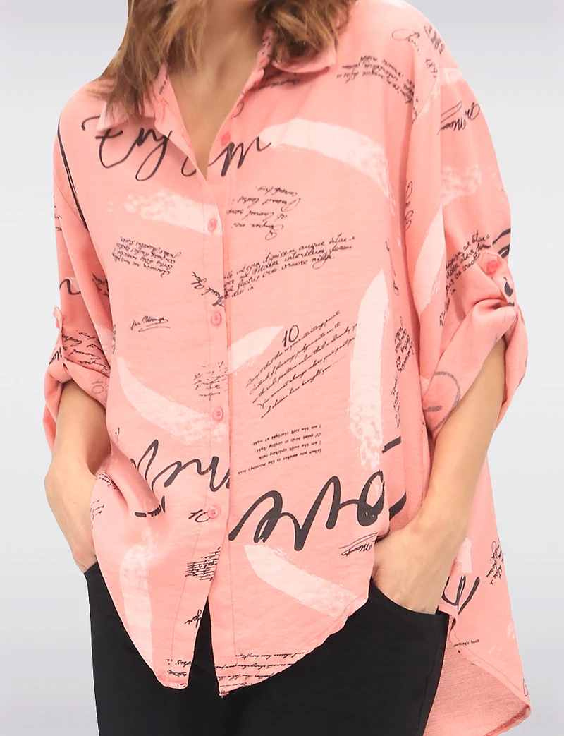 Button-Up High-Low Shirt with Abstract Script & Brushstroke Print by Froccella