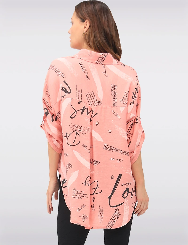 Button-Up High-Low Shirt with Abstract Script & Brushstroke Print by Froccella