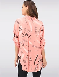 Button-Up High-Low Shirt with Abstract Script & Brushstroke Print by Froccella