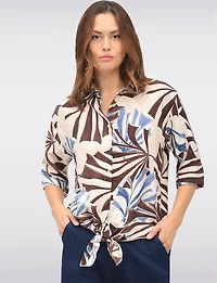 Abstract Printed Button-Up Tie-Front Blouse with Adjustable Sleeves by Froccella