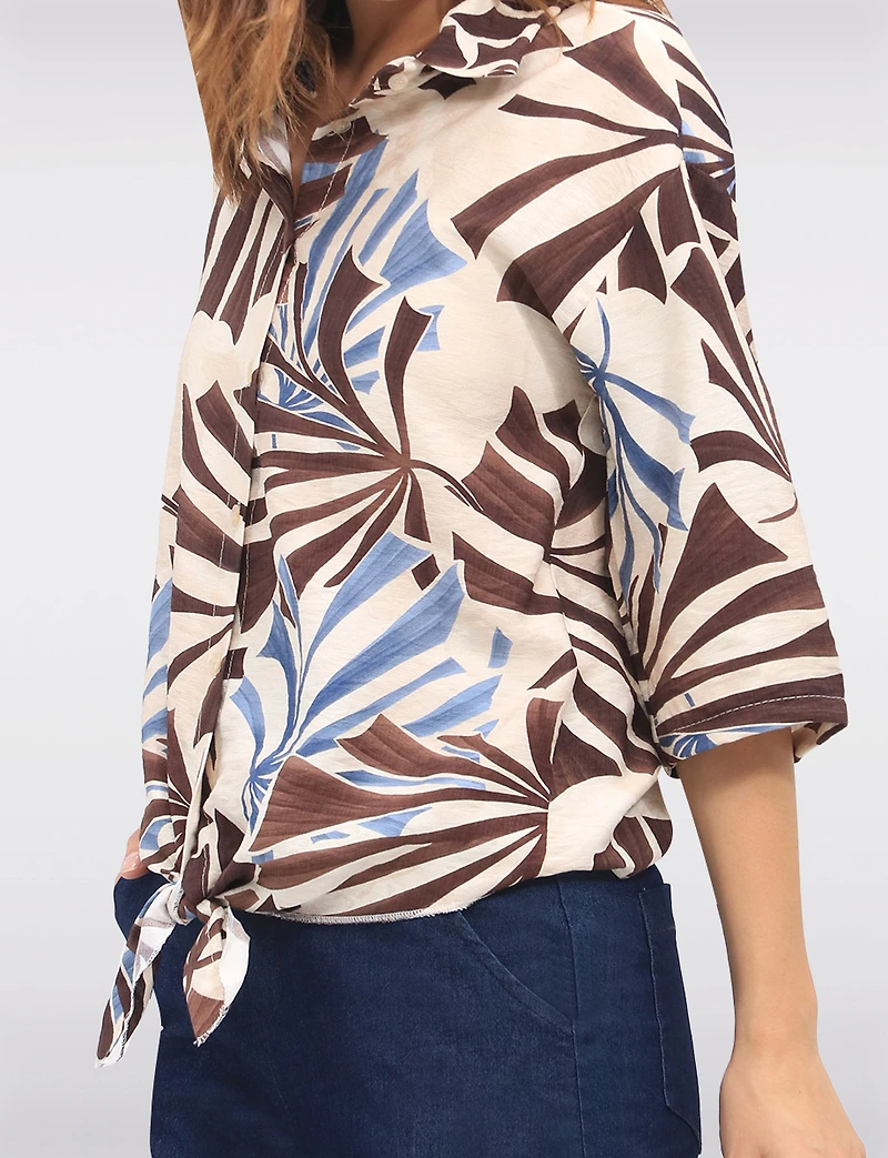 Abstract Printed Button-Up Tie-Front Blouse with Adjustable Sleeves by Froccella
