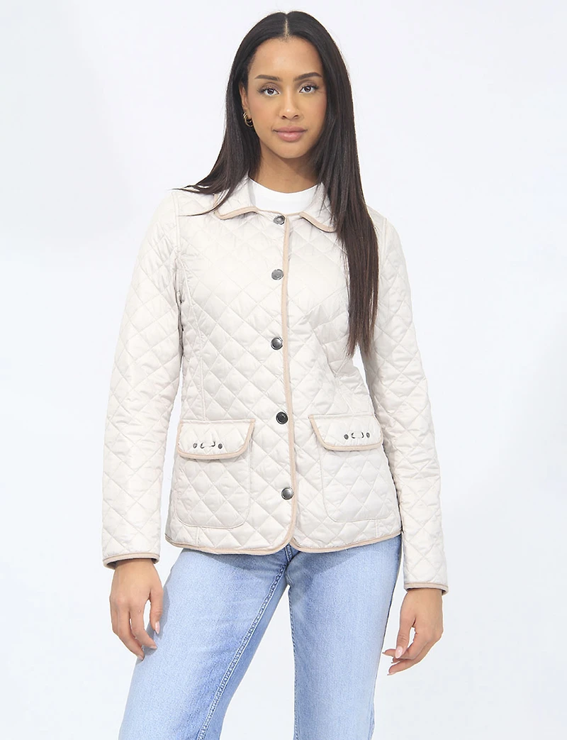 Vegan Reversible Print on Solid Quilted Jacket with Contrasting Trim by Saki