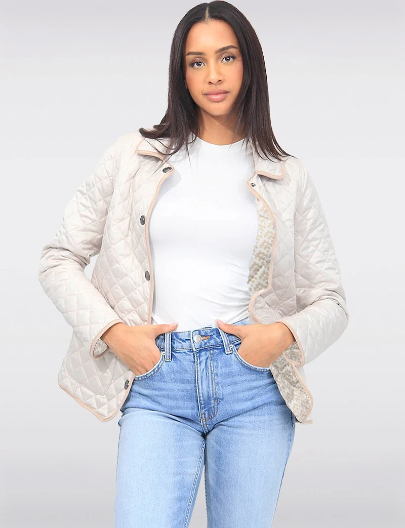 Vegan Reversible Print on Solid Quilted Jacket with Contrasting Trim by Saki