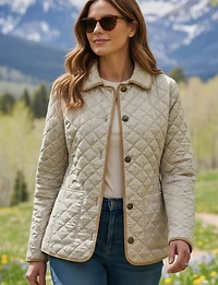 Vegan Reversible Print on Solid Quilted Jacket with Contrasting Trim by Saki