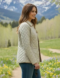 Vegan Reversible Print on Solid Quilted Jacket with Contrasting Trim by Saki