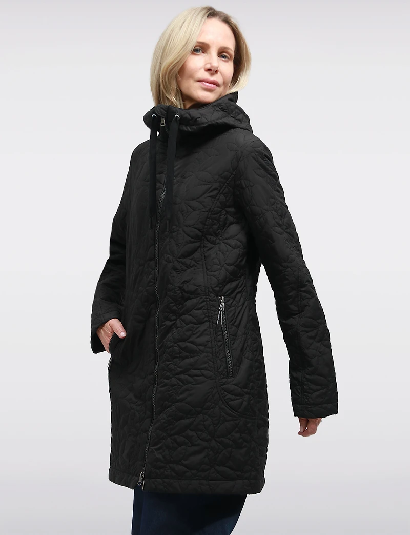 Lightweight Vegan Floral Quilted Mid-Length Jacket Parka with Hood by Saki